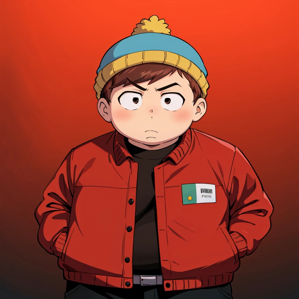 1boy, solo,   Eric Cartman,  short hair,  brown hair, hat,  black eyes, closed jacket,  red jacket, beanie, fat, child,   <lora:Eric_Cartman_Leaf1:0.6>, cowboy shot,  gradient background,