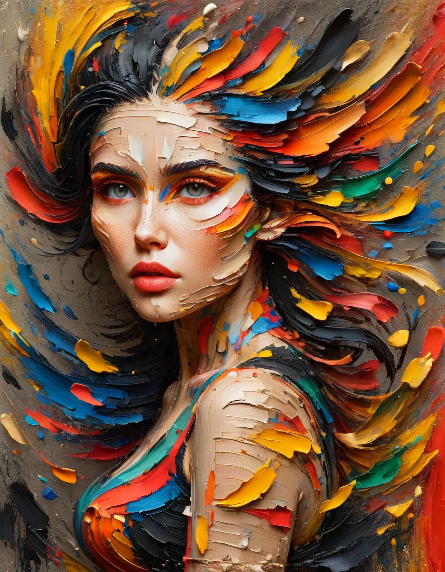 a stunning woman, art of brut style, characteized by bright and bold colors, thick textured paint, intense black strokes, and astonished details <lora:ral-drptpl:1> ral-drptpl