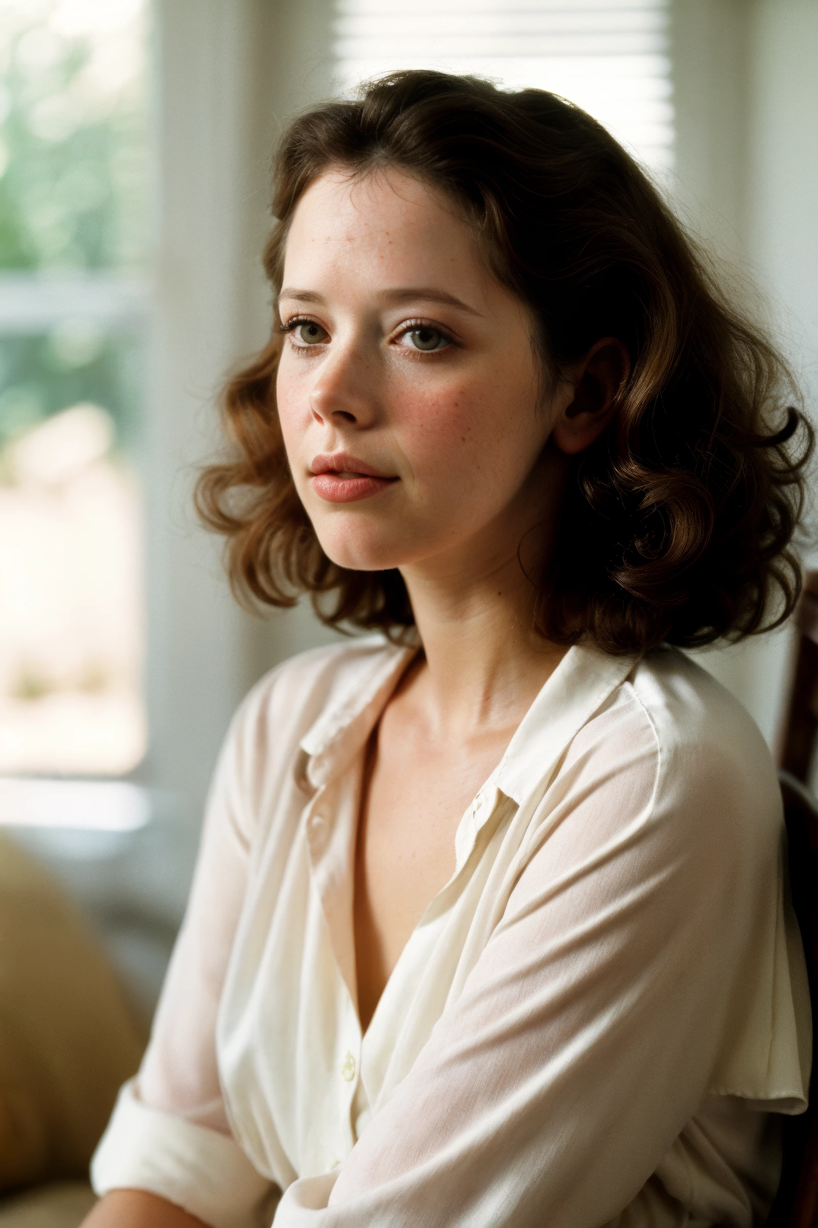closeup headshot of (CTI_sylv1akrist3l:0.95), ((soft-focus)), (dreamy:1.4), (classic blouse and trousers), flirtatious expression, (short curly dark hair, brunette), soft pale white skin, black-eyeshadow, (beautiful natural soft light), shallow depth of field, vignette, epic, gorgeous, film grain