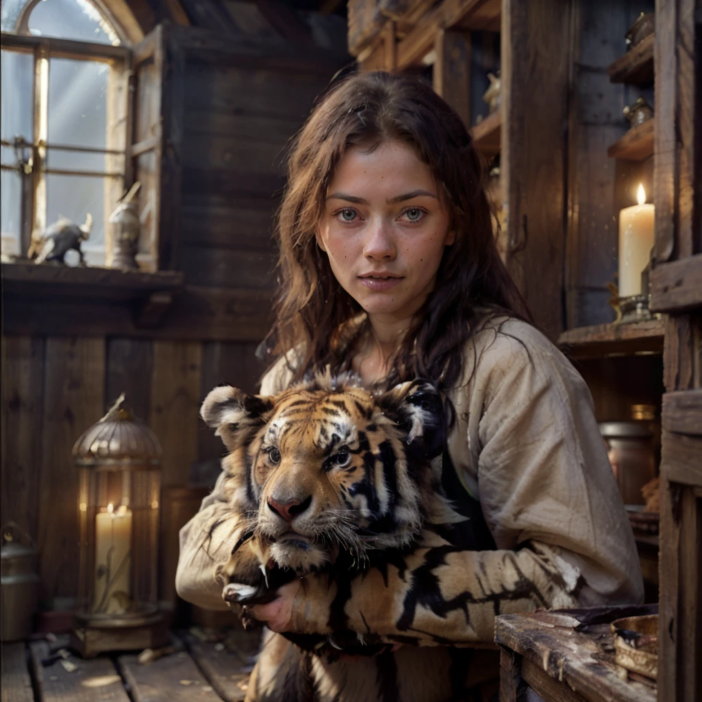 

detailed photograph of 30 year old, animal-trainer with a pet tiger bear.
wearing peasant clothes.
messy hair,
blue eyes.

in a medieval pet shop, cages, rope, candles, animals,


realistic:1.1, depth of field

32k uhd, 


natural light,
(god rays):1.1,
sunny day,





