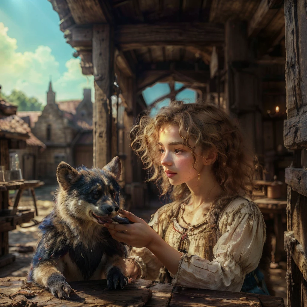 

detailed photograph of (30 year old, animal-trainer wearing peasant clothes) with a friendly bear,
blonde hair, messy hair,

medieval pet shop, cages, rope, candles


realistic:1.1, depth of field

32k uhd, 


natural light,
(god rays):1.1,
sunny day,





