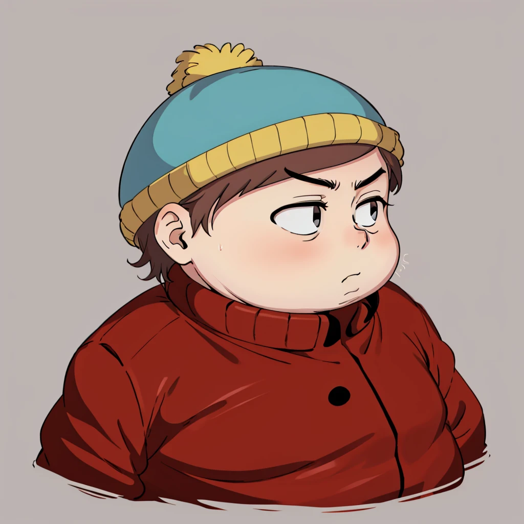 1boy, solo,   Eric Cartman,  short hair,  brown hair, 1boy, hat,  black eyes, jacket,  red shirt, red jacket, beanie, fat,   <lora:Eric_Cartman_Leaf1:0.8>, cowboy shot, simple background,