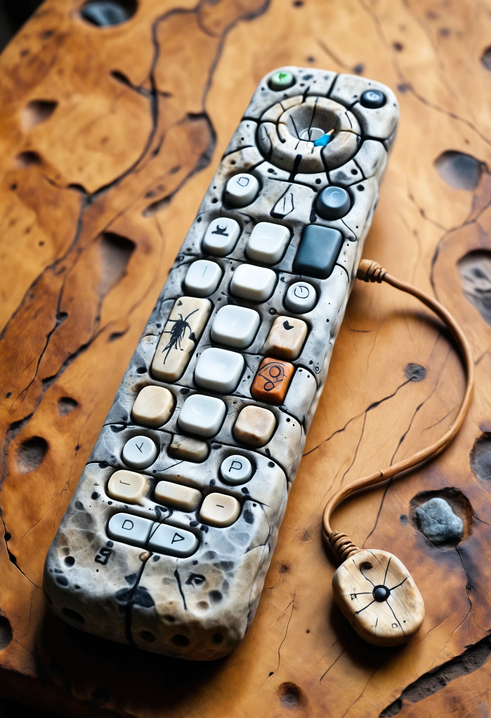 a simple tv remote made of dvr-stnd with one key labeled with cave drawings on a table<lora:dvr-stnd:1>