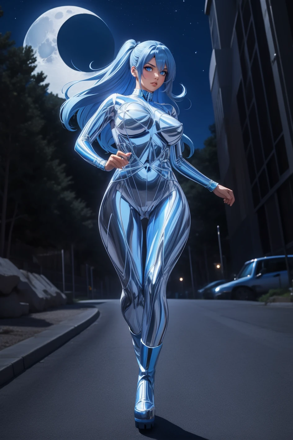 full body, woman, adult, large breasts, teased blue layered 80s hairstyle, js_2, metallic chrome full bodysuit, shiny, boots, <lora:js_2-16:0.65>, running, moon