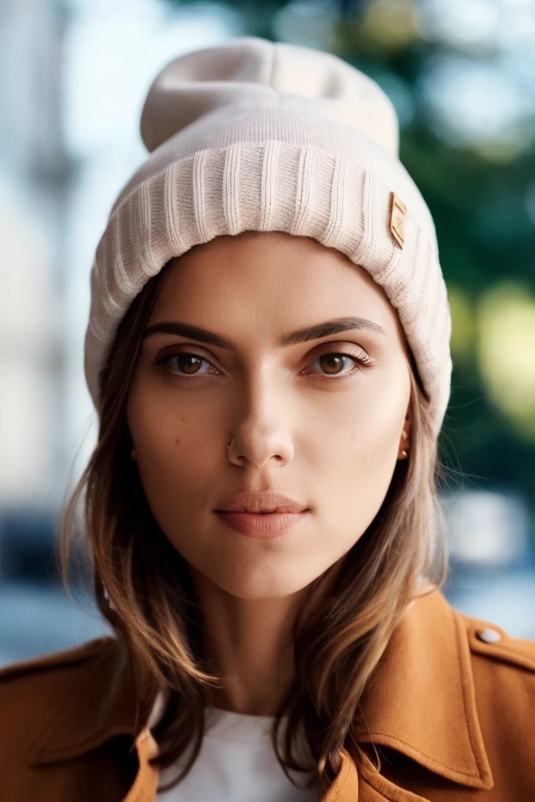 1girl, solo, portrait of a woman wearing beanie, (looking at viewer:1.2), focus on face, symmetrical angle, blurry_background, bokeh, chromatic_aberration, depth_of_field, female focus, photorealistic, soft colors, masterpiece, high quality, (high detailed skin:1.1)
<lora:scarlett_johansson_lora_v01:1> sj84