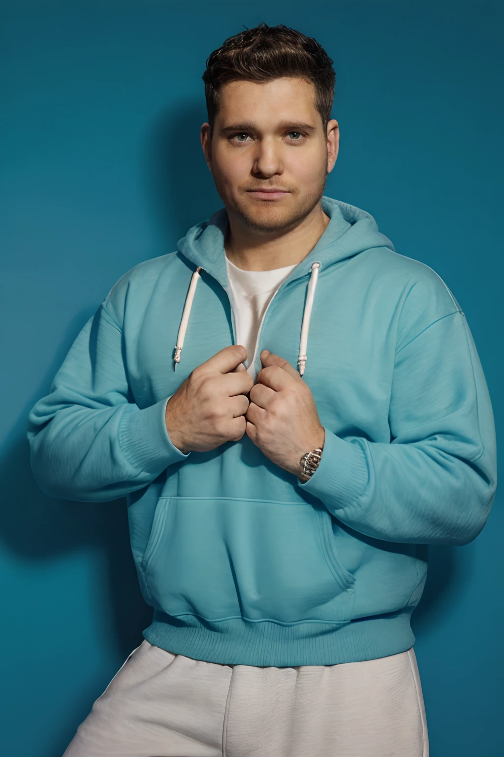 MichaelBuble, stubble, 80's heartthrob, (1man), muscular, hunky male, (wearing a Retro-style sweatshirt), handsome, professional lighting, artistic shot, blue background  <lora:MichaelBubleLora:1>