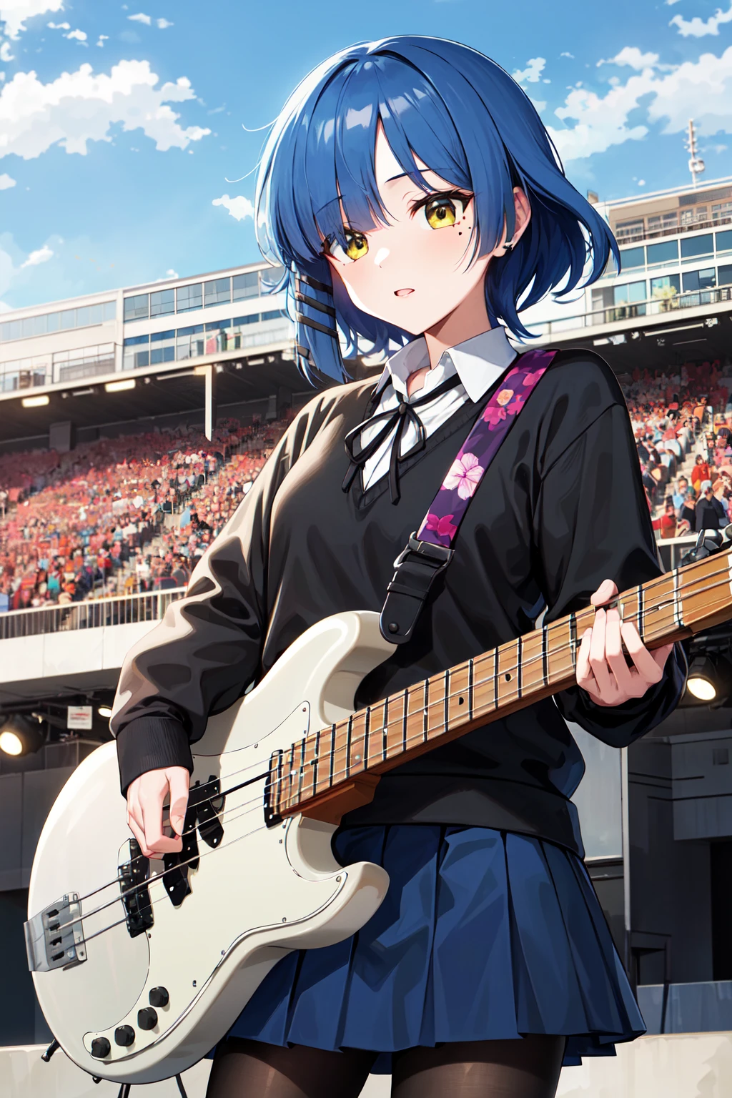 masterpiece, best quality, highres, aaryo, short hair, hair ornament, mole under eye, neck ribbon, (black sweater:1.2), long sleeves, pleated skirt, blue skirt, black pantyhose, <lora:yamada_ryo_v1:0.7>, outdoors, sky, stage, standing, cowboy shot, holding instrument, bass guitar,