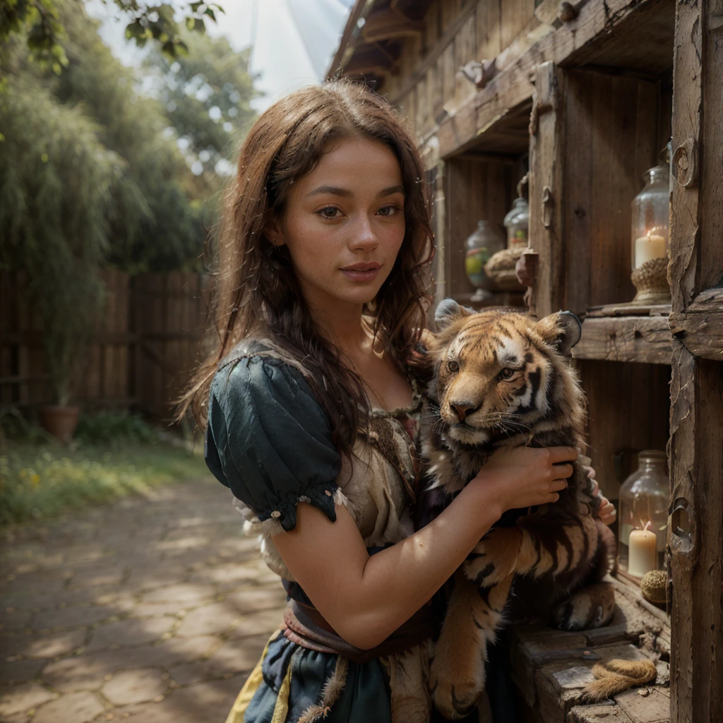 

detailed photograph of (30 year old, animal-trainer wearing peasant clothes):1.1 
with a friendly tiger bear,

medieval pet shop, cages, rope, candles


realistic:1.1, depth of field

32k uhd, 


natural light,
(god rays):1.1,
sunny day,





