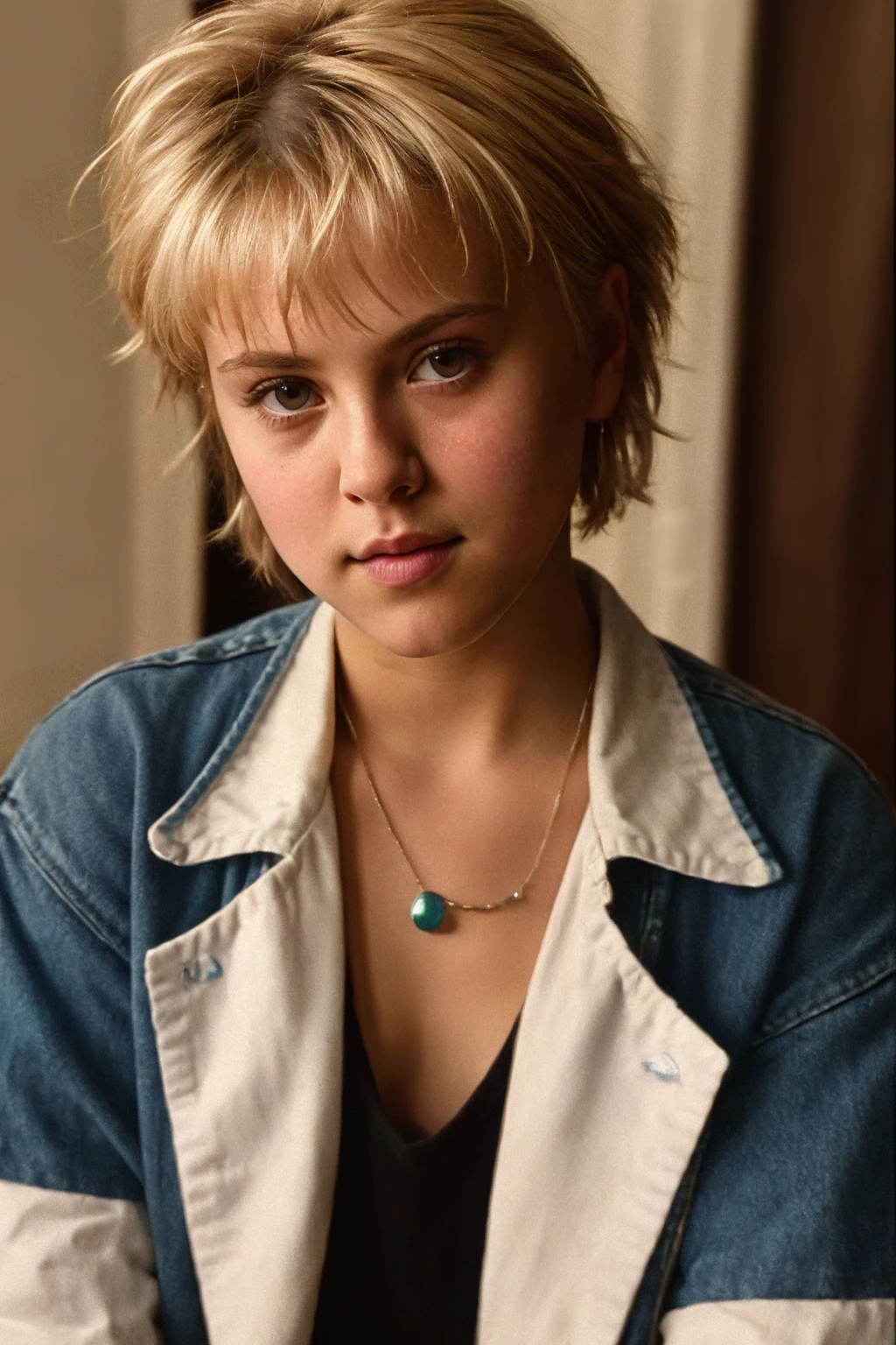 (CTI_simon3walrav3n:0.99), 80s closeup headshot, attractive woman, realistic eyes, postpunk, (Dutch style), short hair, detailed eyes, (seductive), (looking at viewer), jewelry, (cinematic shot:1.3)