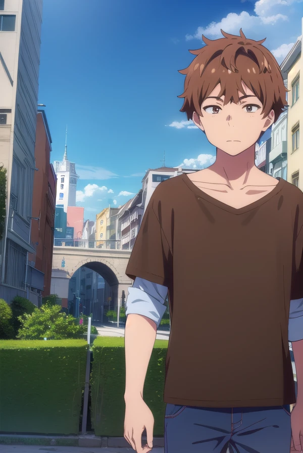 kazuyakinoshita, <lora:kazuya kinoshita s1-lora-nochekaiser:1>,
kazuya kinoshita, short hair, brown hair, (brown eyes:1.5), male focus,
BREAK shirt, long sleeves, collarbone, short sleeves, t-shirt,
BREAK outdoors, cityscape, sun, sky, clouds, people, crowd,
BREAK looking at viewer, (cowboy shot:1.5),
BREAK <lyco:GoodHands-beta2:1>, (masterpiece:1.2), best quality, high resolution, unity 8k wallpaper, (illustration:0.8), (beautiful detailed eyes:1.6), extremely detailed face, perfect lighting, extremely detailed CG, (perfect hands, perfect anatomy),