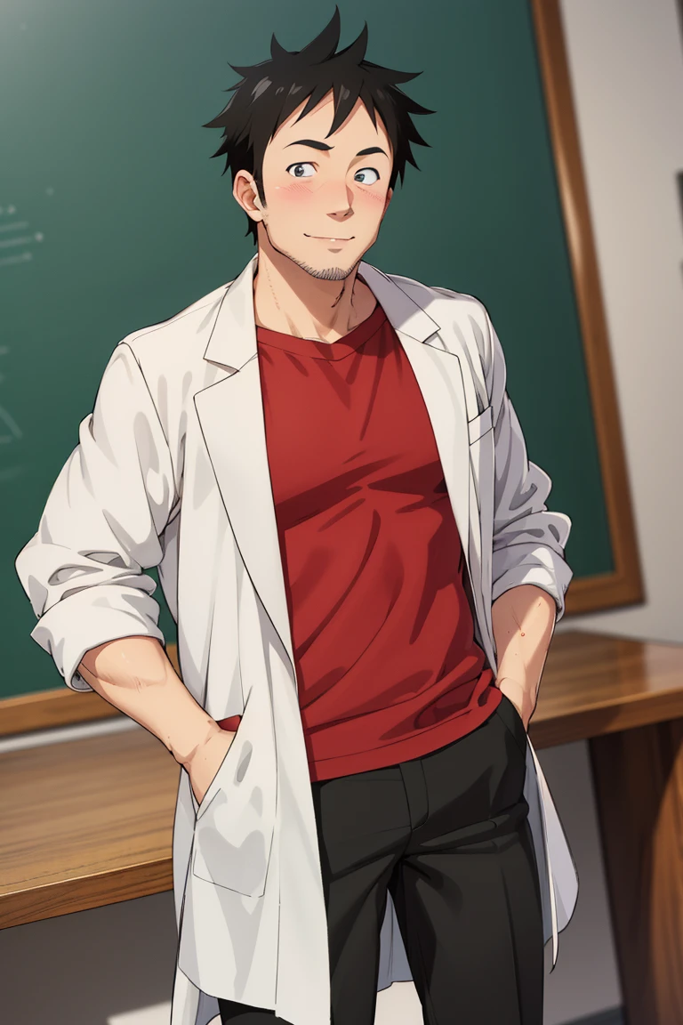 (1 image only), solo male, Tetsuo Takahashi, Demi-chan wa Kataritai, anime, 2d, flat, Asian ,Japanese, biology teacher, tall, black hair, short hair, spiked hair, stubble, black eyes, sideburns, red t-shirt, white labcoat, sleeves rolled up, black pants, black shoes, mature, masculine, handsome, charming, alluring, smile, blush, 1 hand in pocket, 1 hand behind head, perfect anatomy, perfect proportions, best quality, masterpiece high_resolution, dutch angle, cowboy shot, school lab,Tetsuo Takahashi,1boy,<lora:EMS-305836-EMS:0.800000>