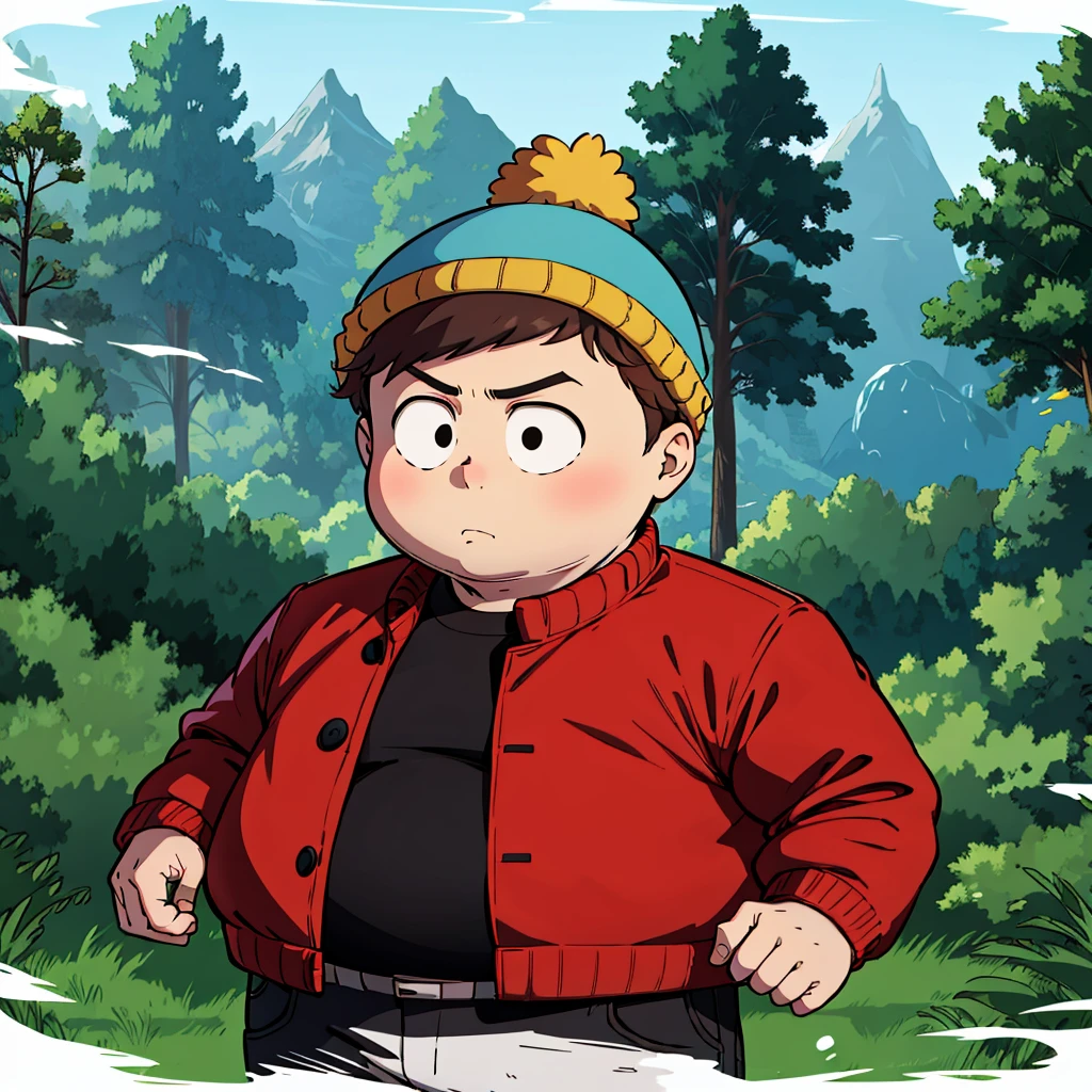 1boy, solo,   Eric Cartman,  short hair,  brown hair, 1boy, hat,  black eyes, red jacket, closed jacket, blue beanie, fat, child,   <lora:Eric_Cartman_Leaf2-any:0.8>, cowboy shot,  forest