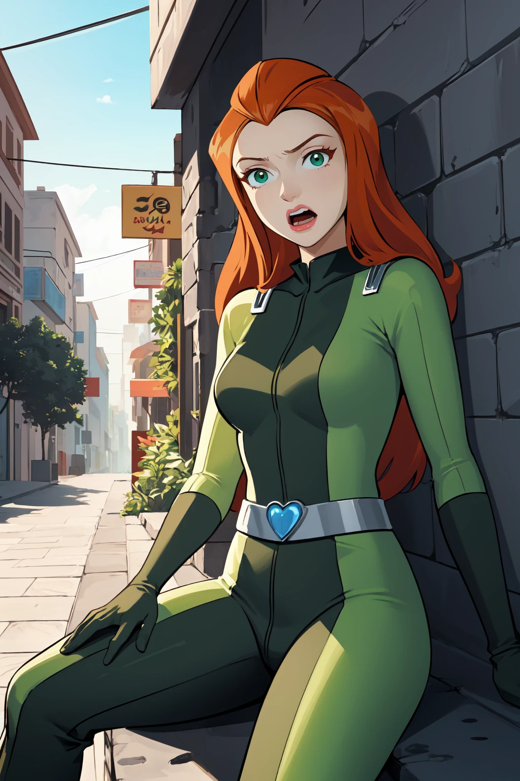 masterpiece, best quality, ultra-detailed, illustration, 1girl, sam \(totally spies\), orange hair, long hair, green eyes, green bodysuit, belt, open mouth, figure four sitting, alleyway <lora:brj-sam-v2:1> <lora:GoodHands-vanilla:0.5>