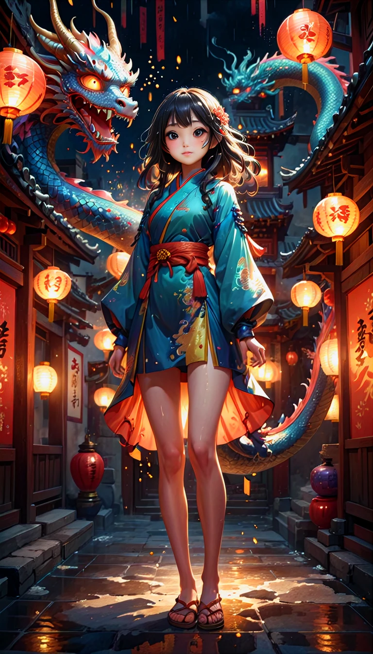 a cute korean large-eyed girl, slight smile, long wavy hair, bangs, fairytale realistic digital art, photoreal, realistic, dark atmosphere texture, moist oil painting, ink and wash painting, double drops, bare legs, festive mood, Dragon, Lantern, Oriental Architecture, Munsan, Fireworks, octane rendering, ray tracing, 3d rendering, surrealistic and fantastic dreamy landscapes, provocative pose, dynamic pose, beautiful legs, sfumato, surrealism, cinematic, masterpiece, combines fantasy and reality, fairytale elements, smooth, Strong and contrasting colors, vivid colors, rich colors, combination of various colors and shades, highly details, best Quality, Tyndall effect, good composition, free composition, spatial effects, lively and deep art, warm soft light, three-dimensional lighting, volume lighting, back lighting hair, Film light, dynamic lighting