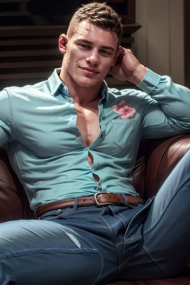 (masterpiece, best quality:1.2), man,solo, 1boy, , (depth of field:1.1), photo of man, smirk, floral shirt, denim jeans, buttoned  shirt, sitting on couch, spread legs, symmetrical body, 
, ,cowboy shot, , masterpiece, highness, perfect face, perfect picture, detailed eyes, sharp focus,High detailed view,photorealistic,<lora:EMS-75454-EMS:0.800000>,<lora:EMS-293388-EMS:1.000000>