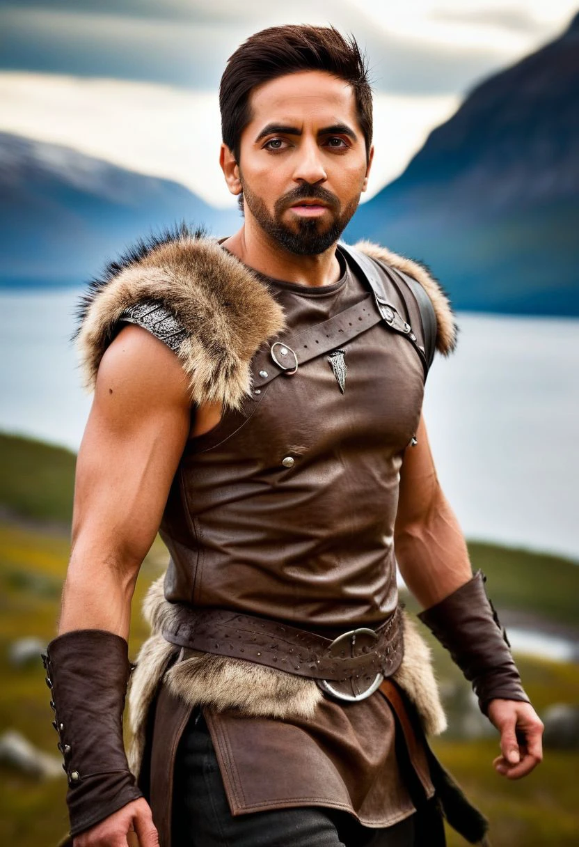 Ultra-detail, (highres:1.1), best quality, (masterpiece:1.3), Joe Mantegna a man <lora:ayushman-Joe-Mantegna:1>, a Viking warrior prince wearing fur and leather armor rags rising above a battlefield, scales, handsome 23yo Norway male model, dynamic posture posing, full-body from above, dramatic angle. hairy body, skinny muscled, perfect biceps, great pecs, thin waist, perfect jawline, strong and powerful, sporty, great detail, satisfaction,