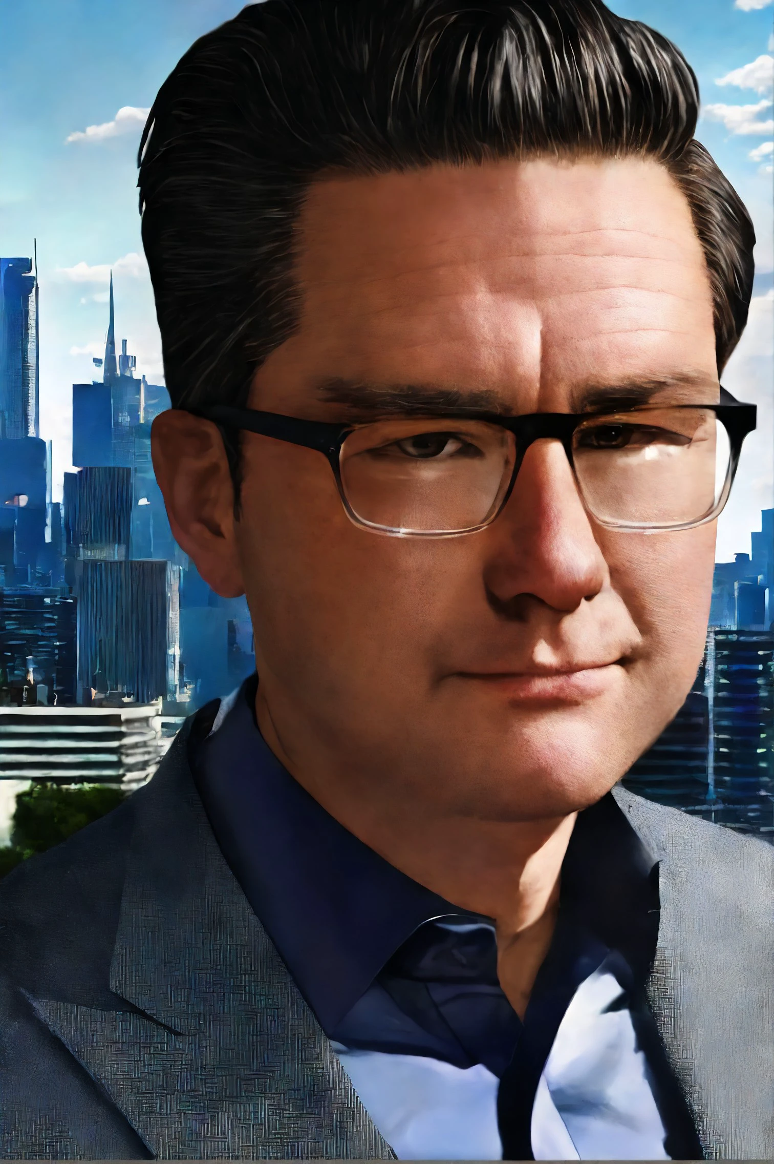 Pierre Poilievre closeup, glasses,male focus, black hair, shirt, realistic, formal, suit, collared shirt, white shirt, jacket
Rooftop garden and urban skyline view,
best quality, masterpiece, HDR, professional, studio quality, highres,
<lora:Pierre_Poilievre:0.95>