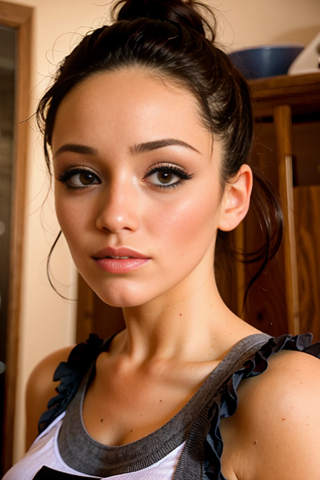 ava milano, 1girl, face,extreme close-up, t-shirt, ponytail, <lora:ampb_v1:1>