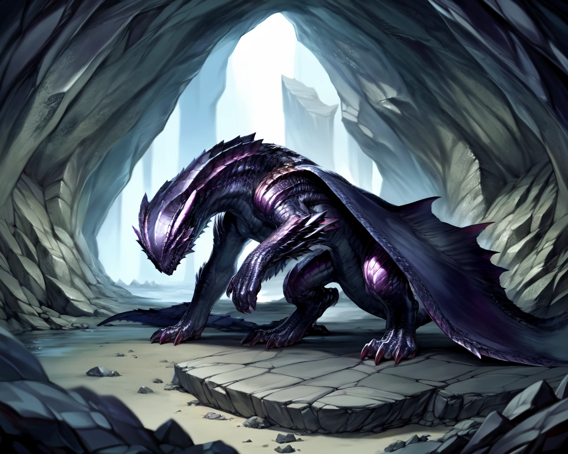 <lora:MH_GoreMagala_a2_7_VPred>,<lora:fluffyrock-quality-tags-v4:0.5>,
(best quality, good quality),feral,goremagala,solo,hi res,
detailed background,by kame 3,by crayon \(artist\),
three-quarter view,cave,folded wings,hands on ground,