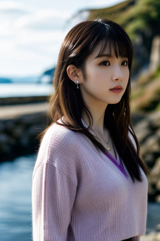 HWGIRL,masterpiece,ultra realistic,32k,extremely detailed CG unity 8k wallpaper, best quality,(winter day ),lady ,necklace ,eardrop, The Blue Lagoon, Iceland, ( Purple Layer a cashmere sweater over a collared shirt with a midi skirt ) , Light Auburn hair long hair with bangs ,,<lora:Hwgirl_V016:0.9>,