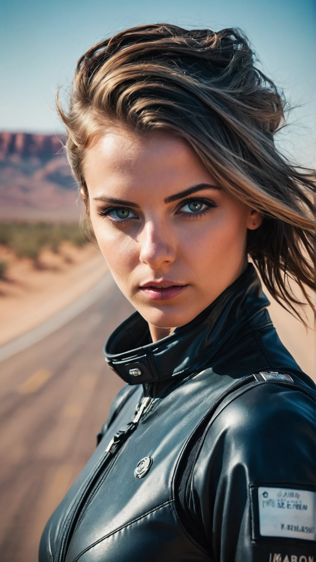 masterpiece RAW photo, macro, portraite poster, cyberpunk, a girl pilot, looking at viewer, casual plugsuit, bokeh, desert road in background, atompunk style, concept art, realistic, bold lines, elegant, clear and soft, sharp focus, sharpness, 35mm lens.