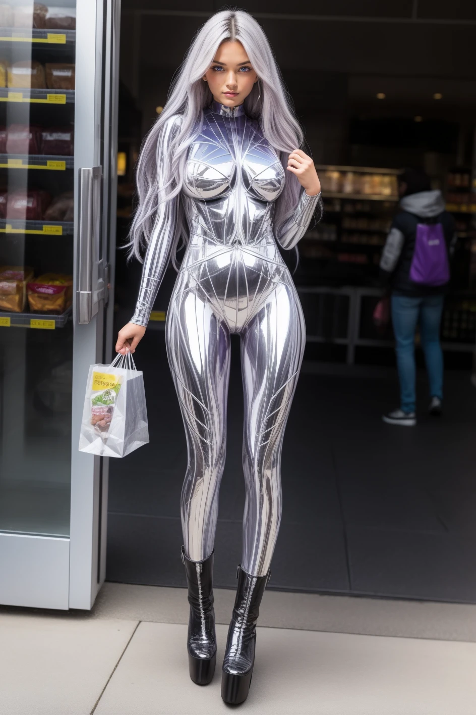 full body, woman, adult, large breasts, teased purple long wavy hairstyle, js_2, metallic chrome full bodysuit, shiny, boots, <lora:js_2-14:0.6>, grocery shopping