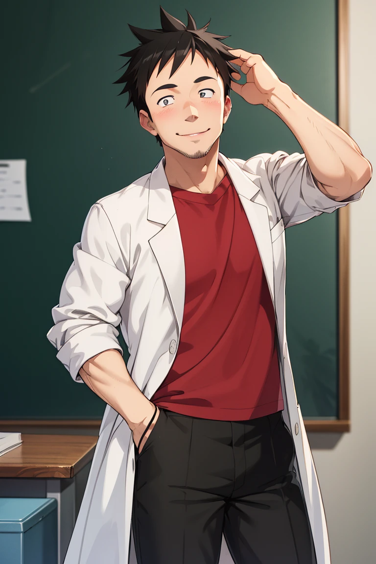 (1 image only), solo male, Tetsuo Takahashi, Demi-chan wa Kataritai, anime, 2d, flat, Asian ,Japanese, biology teacher, tall, black hair, short hair, spiked hair, stubble, black eyes, (small pupils), sideburns, red t-shirt, white labcoat, sleeves rolled up, black pants, black shoes, mature, masculine, handsome, charming, alluring, smile, blush, 1 hand in pocket, 1 hand behind head, perfect anatomy, perfect proportions, best quality, masterpiece high_resolution, dutch angle, cowboy shot, school lab,<lora:EMS-305836-EMS:0.800000>