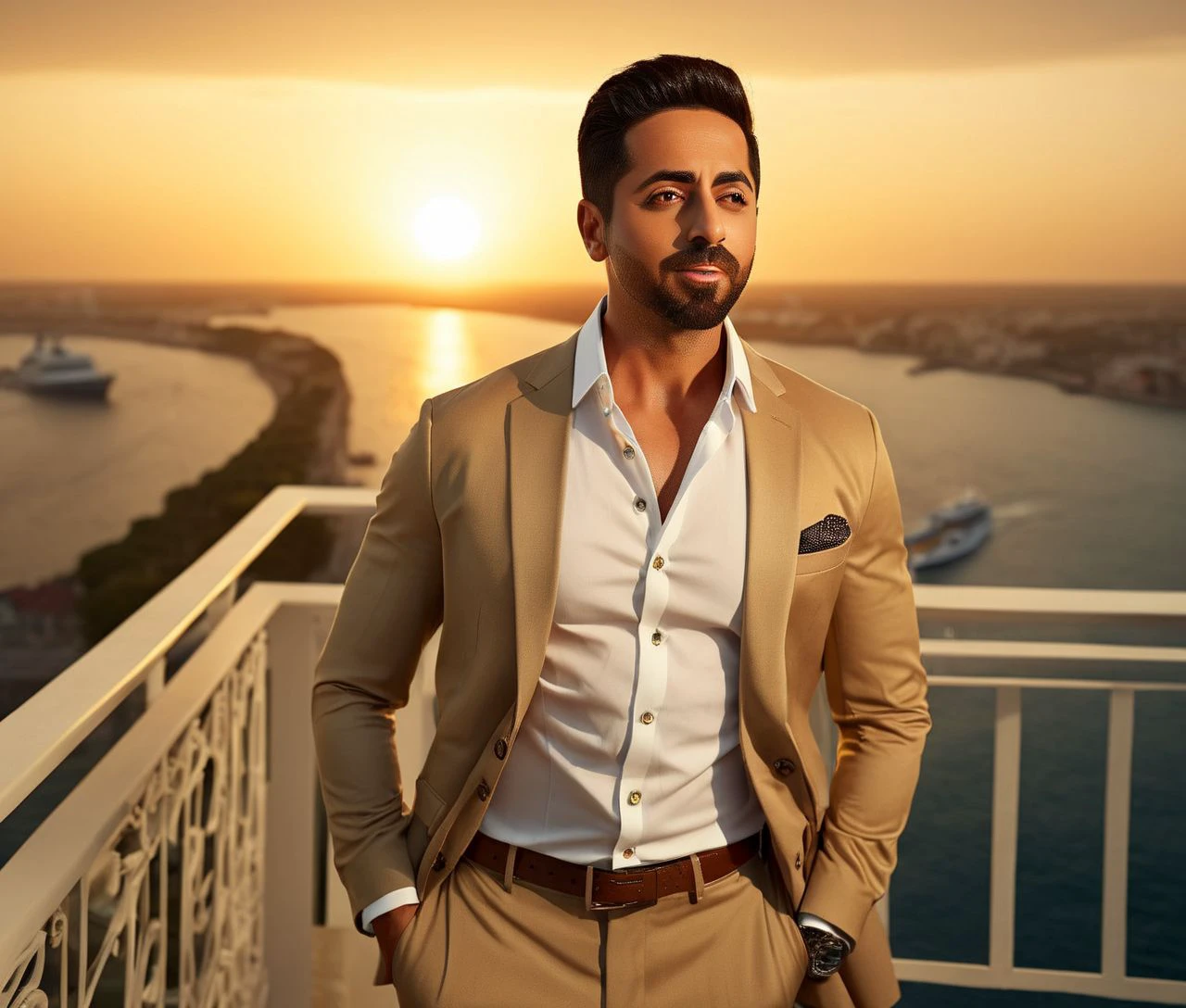 Nautical-themed (Photo:1.3) of (Ultrarealistic:1.3) <lora:Man_Men_FFashion:1> Joe Mantegna a man <lora:ayushman-Joe-Mantegna:1> in a tan suit standing on a balcony, sun behind him, inspired by Pablo Munoz Gomez, shot at golden hour, editorial photograph, midshot of a hunky, by Roman Bezpalkiv, by Artur Tarnowski, maxim sukharev, by Gabor Szikszai,Highly Detailed,(Mono Color:1.3) . Sea, ocean, ships, maritime, beach, marine life, highly detailed