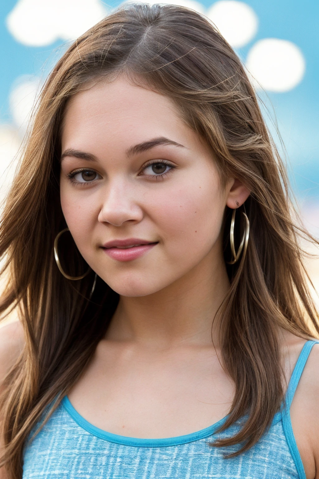 photo of gorgeous (CTI_burglund:0.95), a beautiful young woman, perfect brown hair blowing in the wind, (delighted), (modern photo), (skyblue camisole), closeup portrait, (geometric halftone background:1.2), detailed eyes, sexy pose, (looking at viewer:1.1), jewelry, shallow depth of field, bokeh, cinemascope, epic, gorgeous, film grain