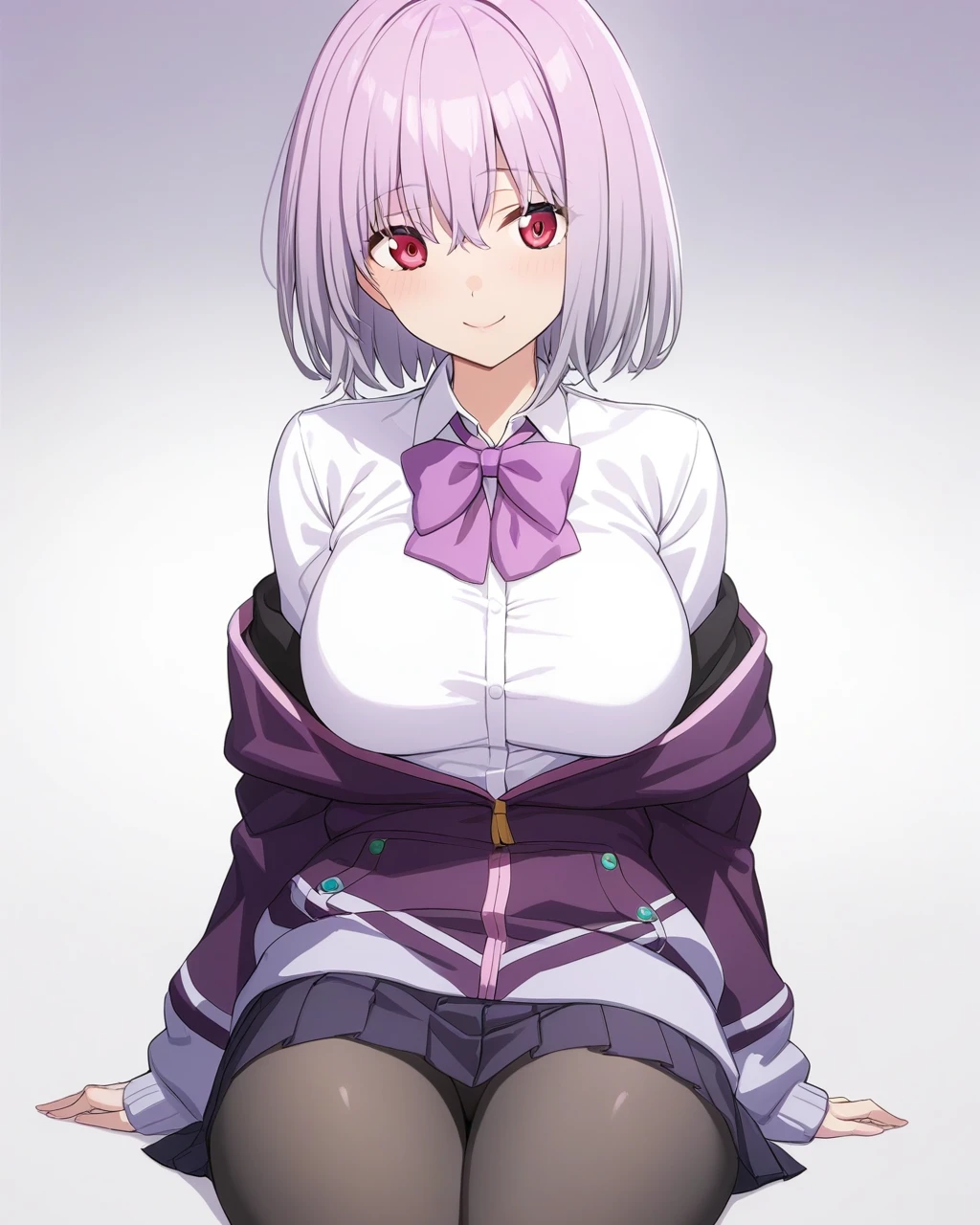 masterpiece,best quality,game cg,<lora:shinjou_akane:1>,1girl, shinjou_akane, ssss.gridman, gridman_universe, school_uniform, white_shirt, red_eyes, purple_jacket, dress_shirt, cowboy_shot, shirt, black_skirt, gradient_background, breasts, jacket, smile, sitting, solo, purple_bowtie, no_legwear, light_purple_hair, skirt, bowtie, purple_bow, bow, pleated_skirt