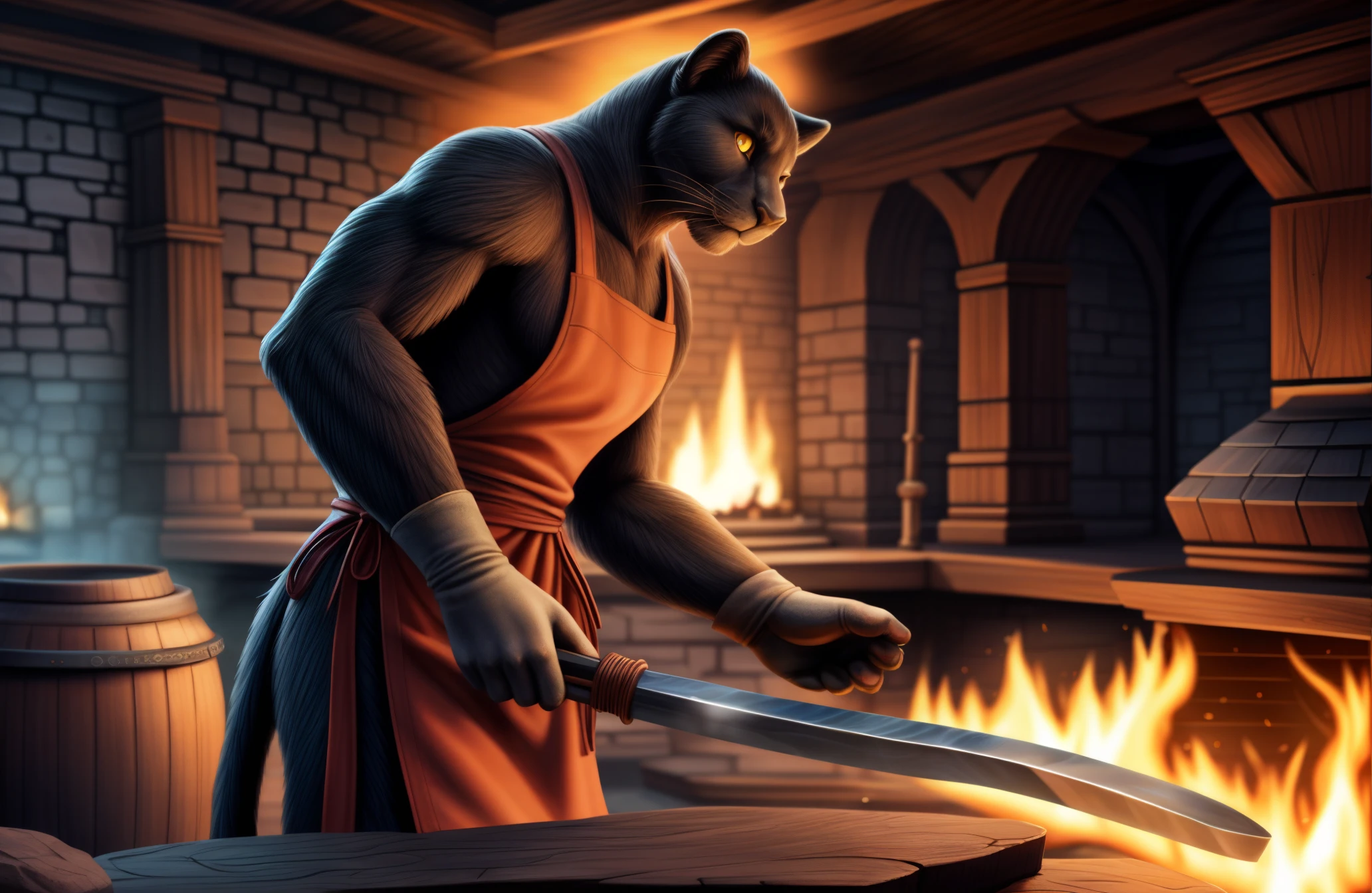 art, elegant, portrait of a clothed male panther, yellow eyes, apron, gloves, standing in a forge, holding sword, detailed background, day, [by personalami:Andy Kehoe:0.4], masterpiece, 4k <lora:lcm-lora-sdv1-5:0.3>
