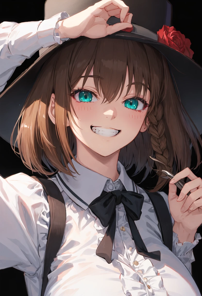 best quality, masterpiece, highres, solo, {charlotte_corday_fgo:0.90}, evil_grin, evil_smile, grin, portrait, looking at viewer