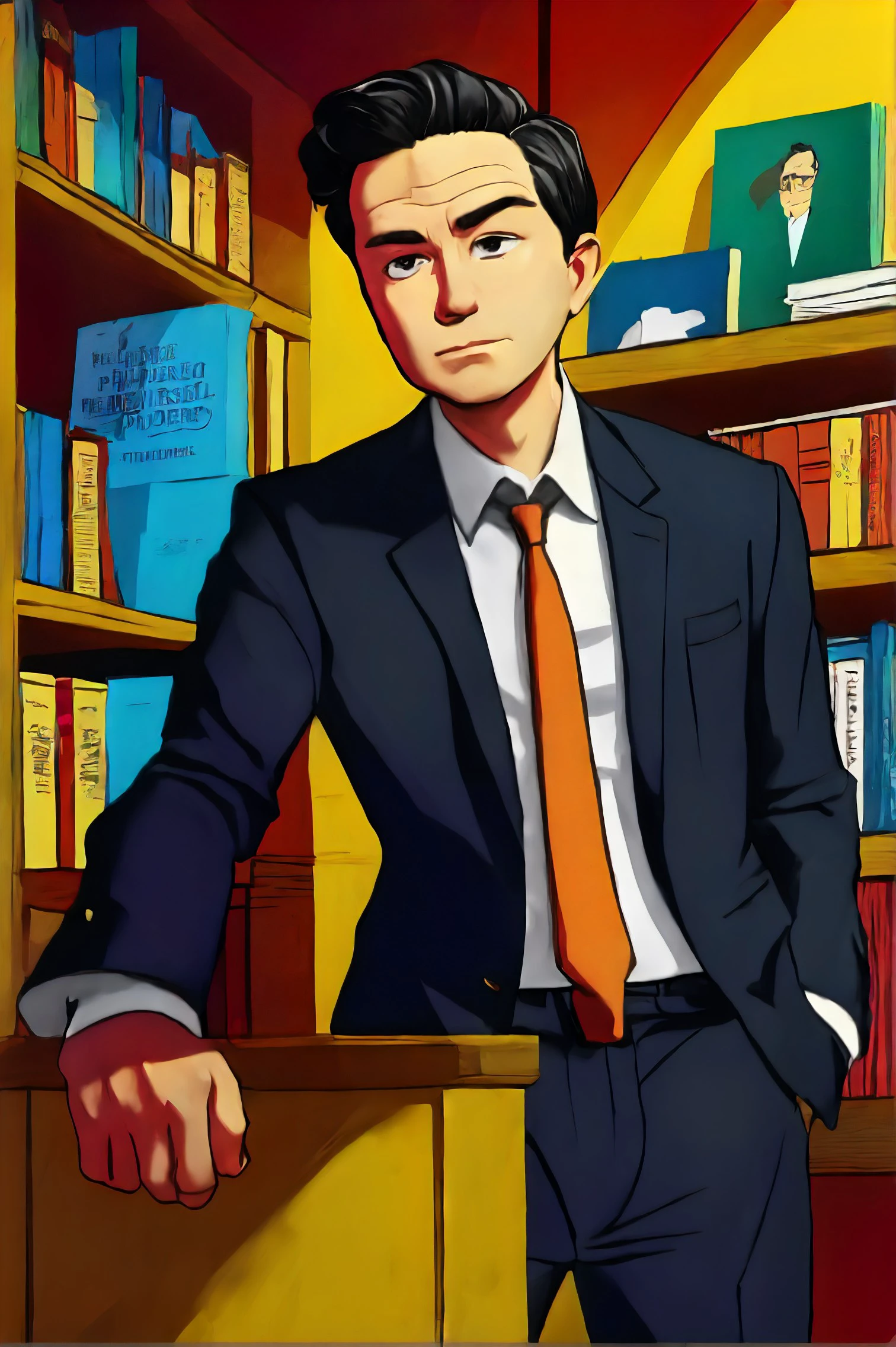 Pierre Poilievre face, ,male focus, black hair, shirt, formal, suit, collared shirt, white shirt, jacket
Old bookstore and shelves and quiet corners, cartoon, animation,
[(colorful explosion psychedelic paint colors:1.21)::0.2],
[cartoon, vector art, anime :realistic, real life, hyper realistic:0.5],
best quality, masterpiece, HDR, professional, studio quality, highres,
<lora:Pierre_Poilievre:0.90>