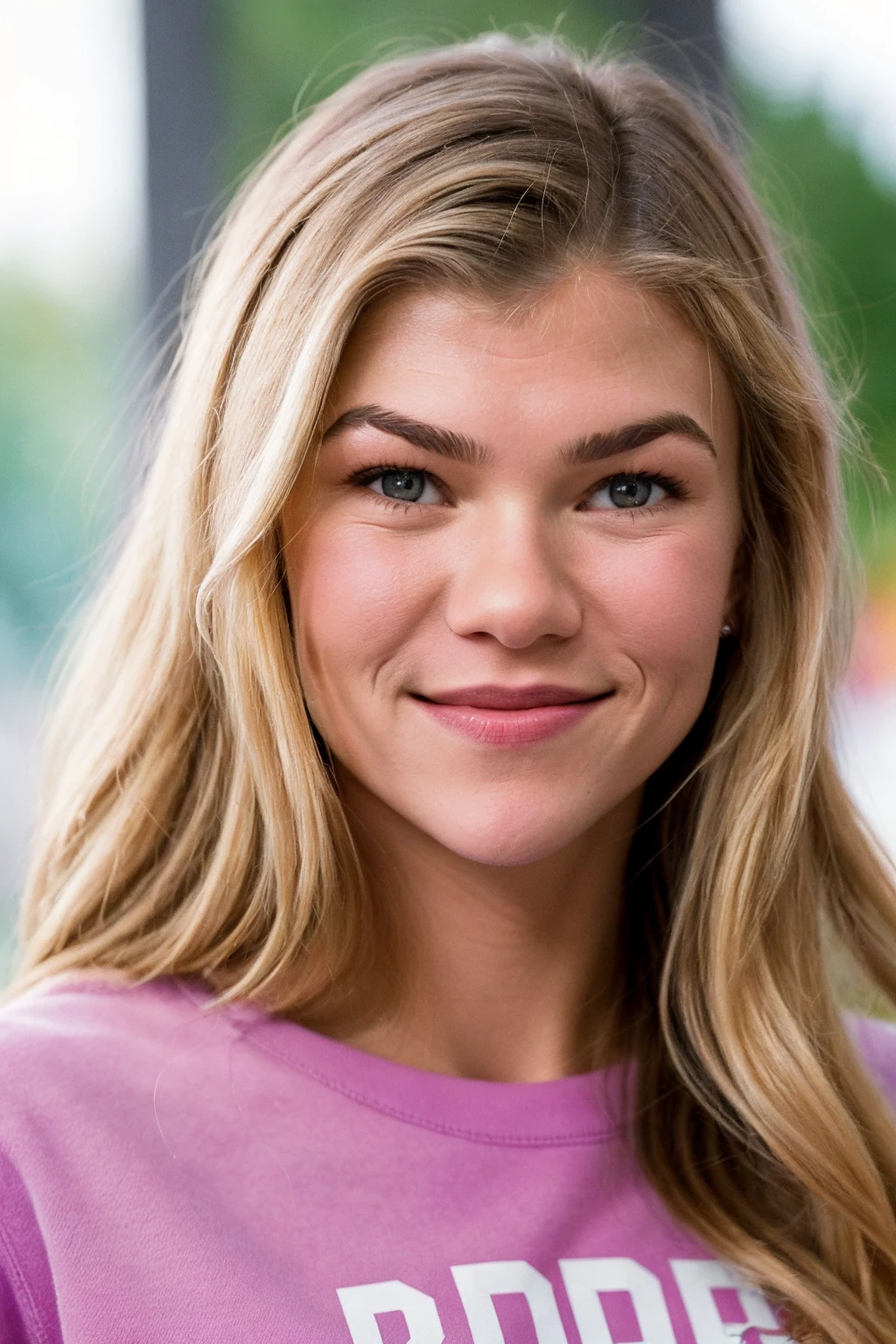 closeup headshot of (CTI_t3ssw3ster:0.99), an attractive young woman, in front of a imageboard colors, wearing a (crewneck:1.1), (lighthearted), shallow depth of field, vignette, high budget Hollywood film, bokeh, cinemascope, epic, gorgeous, film grain