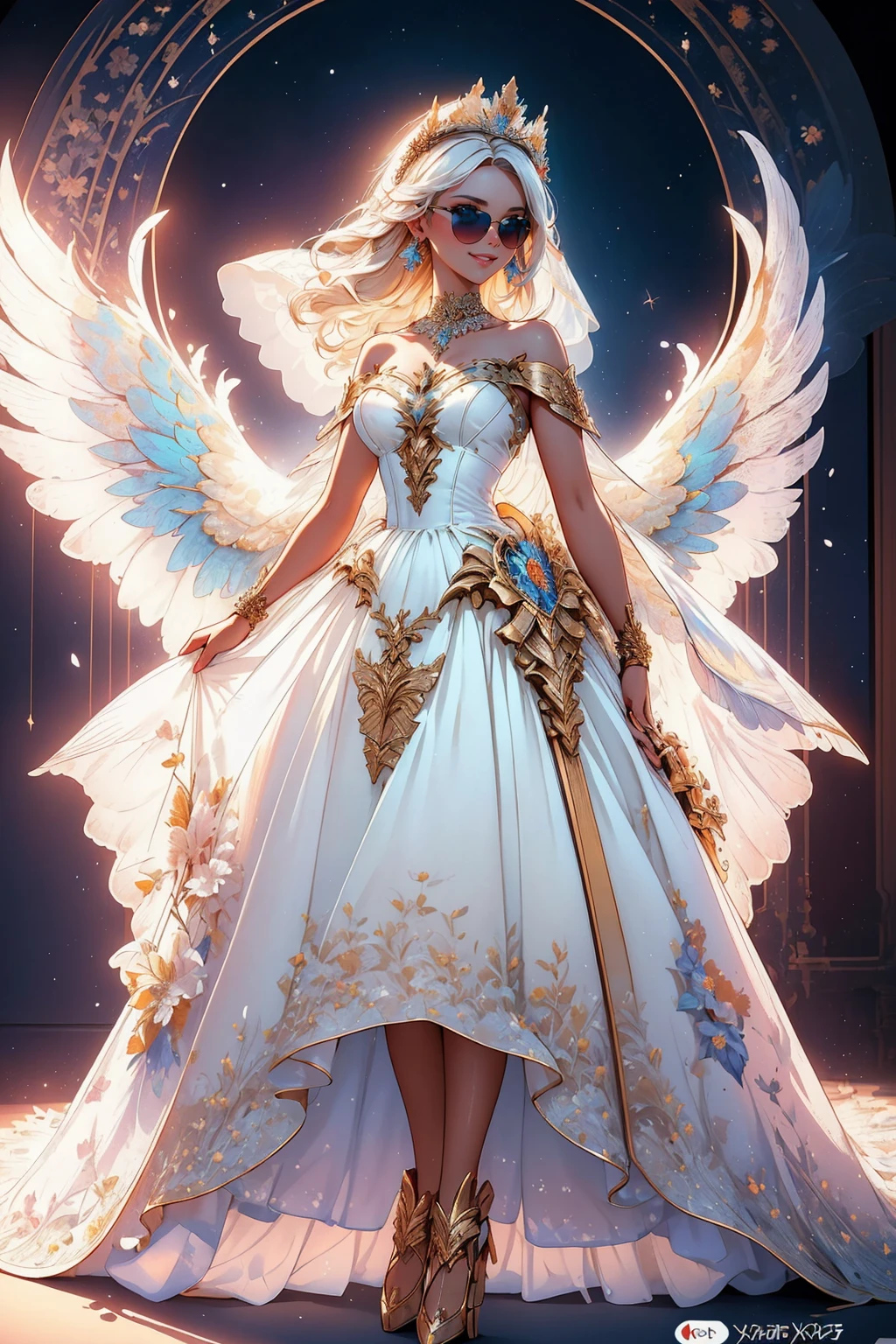 ((masterpiece,best quality,edgQuality)),(smile),1girl,solo,standing,posing,
edgTF, breasts, full body, flower, white hair, wings, white dress, colored skin, crown, veil, angel wings ,wearing edgTF_dress
<lora:edgTotalFantasy:1>
<lora:Ultimate_Nadia:0.5> blonde, nadia, ((sunglasses)), choker,