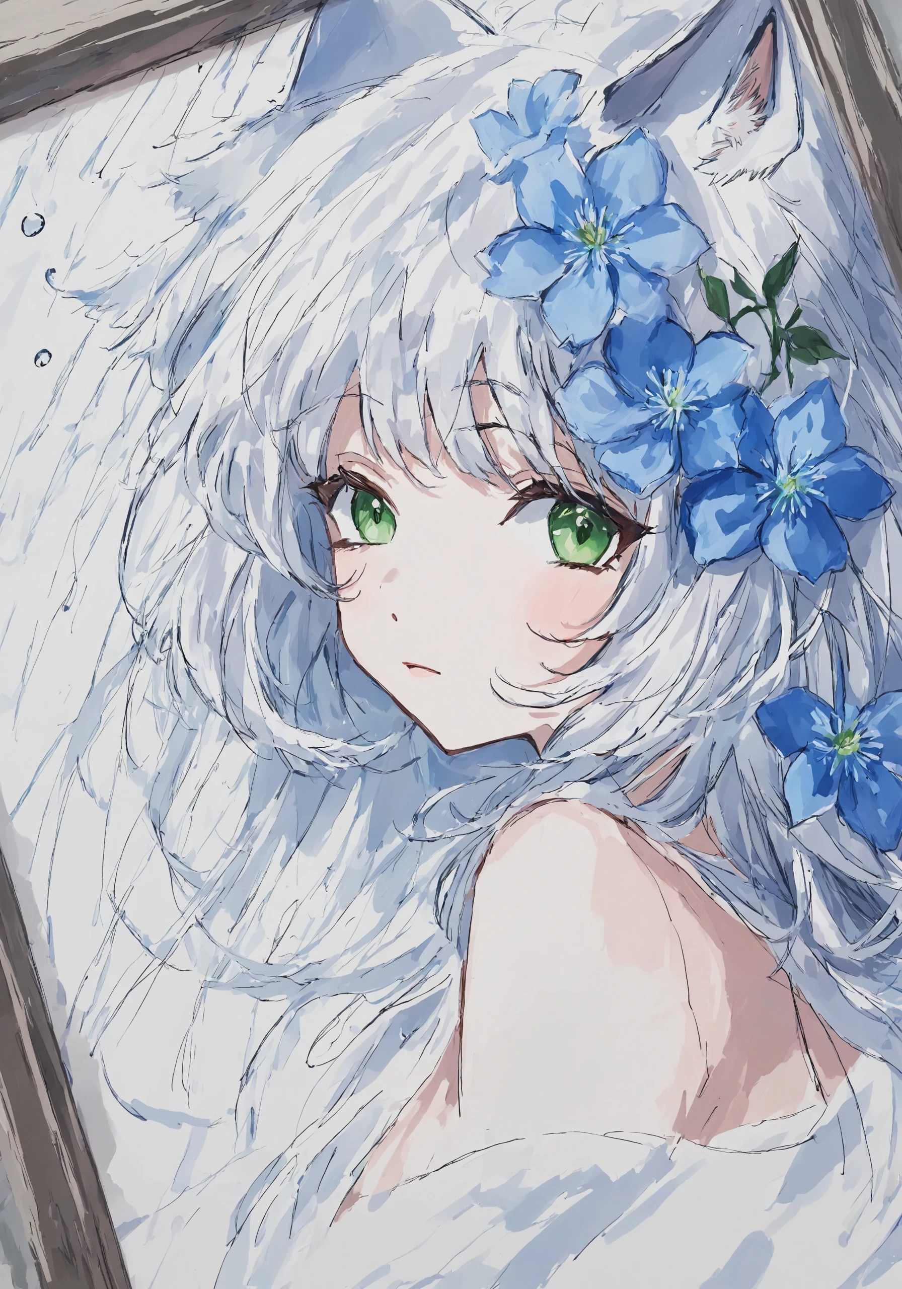 (masterpiece),(highest quality),highres,(an extremely delicate and beautiful),(extremely detailed),blue flower,floating hair,flower,framed,rain,rose,sketch,
1girl,green eyes,flat chest,animal ears,cat ears,white hair,serafuku,(long hair:0.8),<lora:lapis_xl_v1-000018:1>,