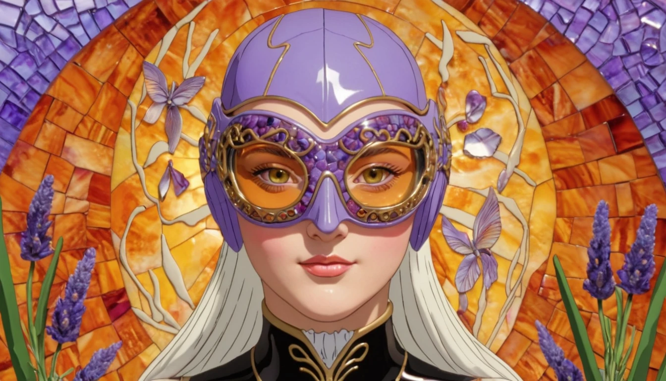 ZechsMerquiseMask, epic Fused Glass, 3D Rendering, Water color painting of an intricate background, Tangible (Girl:1.2) , feeling insecure, wearing Amber wearing a mask with Lavender patterns, Round Glasses, Bling, garden and Iris background, volumetric lighting, F/1.8, Warm Colors, sharp