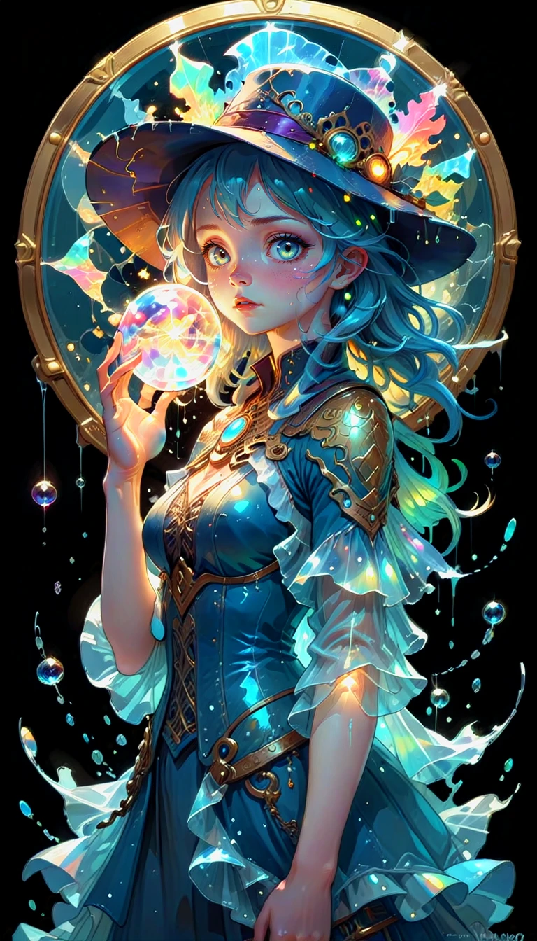 woman in hat an ultra hd detailed painting, digital art, Jean-Baptiste Monge style, bright, beautiful, splash, Glittering, cute and adorable, filigree, rim lighting, lights, extremely, magic, surreal, fantasy, digital art, wlop, artgerm and james jean, Broken Glass effect, no background, stunning, something that even doesn't exist, mythical being, energy, molecular, textures, iridescent and luminescent scales, breathtaking beauty, pure perfection, divine presence, unforgettable, impressive, breathtaking beauty, Volumetric light, auras, rays, vivid colors reflects