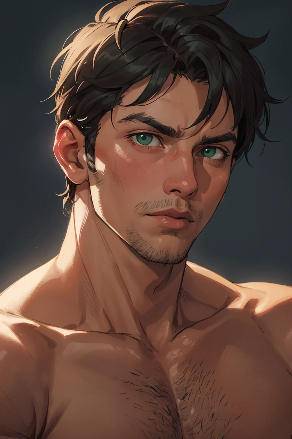 1man, Kneeling, naked, pov, sensual, eye contact, male, looking at viewer, detailed eyes, detailed face