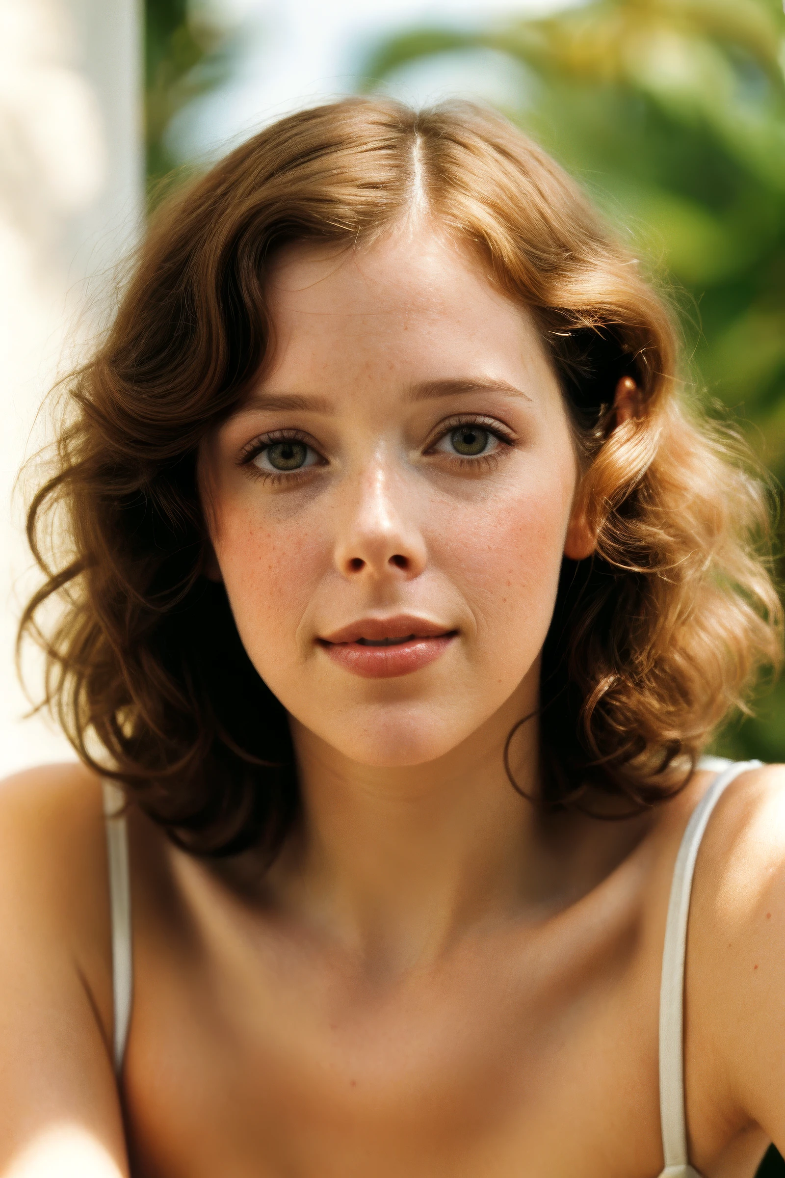 closeup headshot of (CTI_sylv1akrist3l:0.9), ((soft-focus)), (dreamy:1.4), (classical blouse and trousers), flirtatious expression, cute smile, (short curly hair, brunette), soft pale white skin, black-eyeshadow, (beautiful natural soft light), shallow depth of field, vignette, epic, gorgeous, film grain