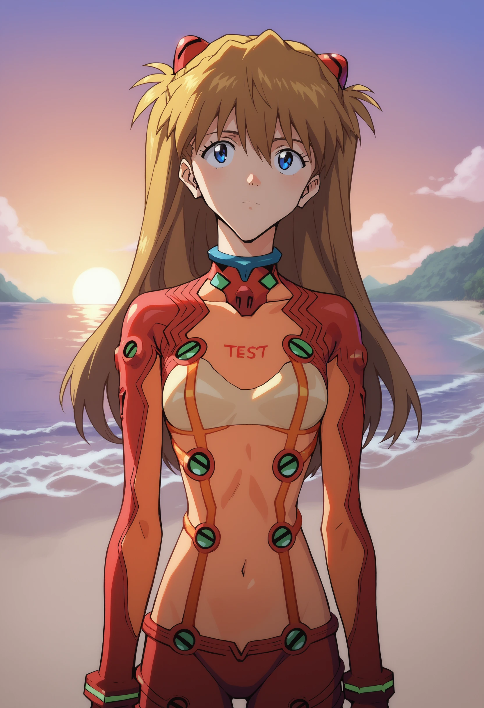 score_9, score_8_up, score_7_up, score_6_up, BREAK,sunset, beach, sand,<lora:asukatopXL_Pony_v1:1> portrait of asklng1, 1girl,long hair,blue eyes,test plugsuit,looking at viewer,full body,choker <lora:Smooth Anime Style LoRA XL:1>
