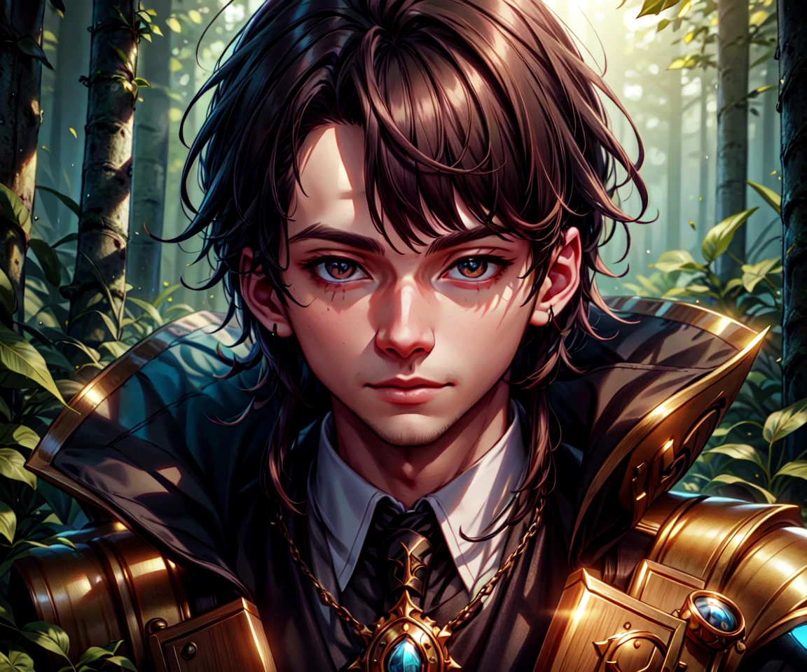 close up Portrait cg render of 1boy, a male wizard walking through a forest, elegant, sharp focus, diffused lighting, vibrant colors, masterpiece, detailed face,