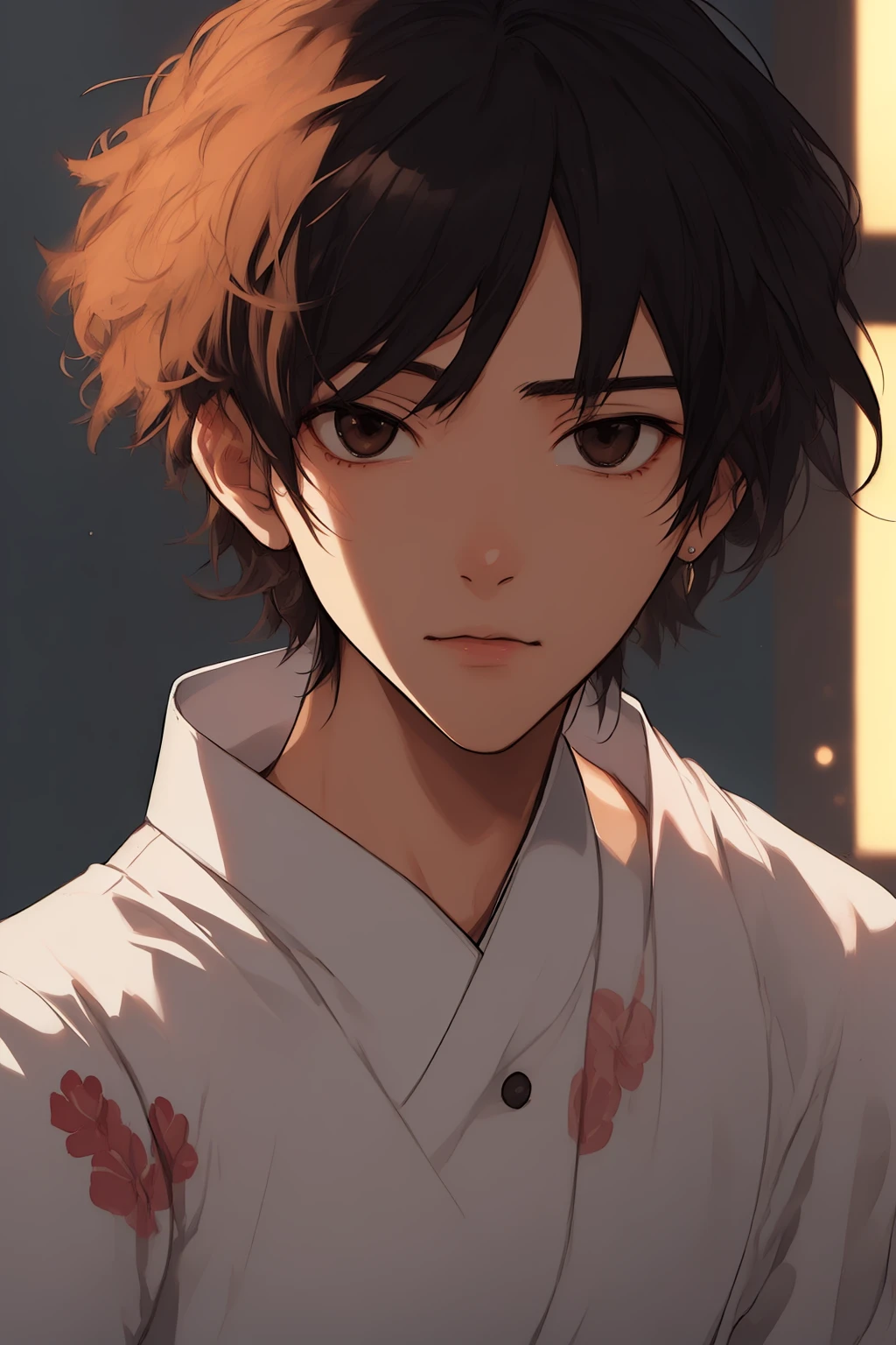 (masterpiece, best quality, ultra-detailed:1.33),(Japan anime style, Toon style:1.231),1boy,solo,Slim Asian boy,27-years-old male,handsome detailed face,solid eyes,black eyes,(Modest Cut, traditional japanese -style fusion of modern style clothing:1.25),([Point source lighting|Accent lighting|mood lighting|Eye light|Uniform lighting]:1.1),(Moody:1.21),