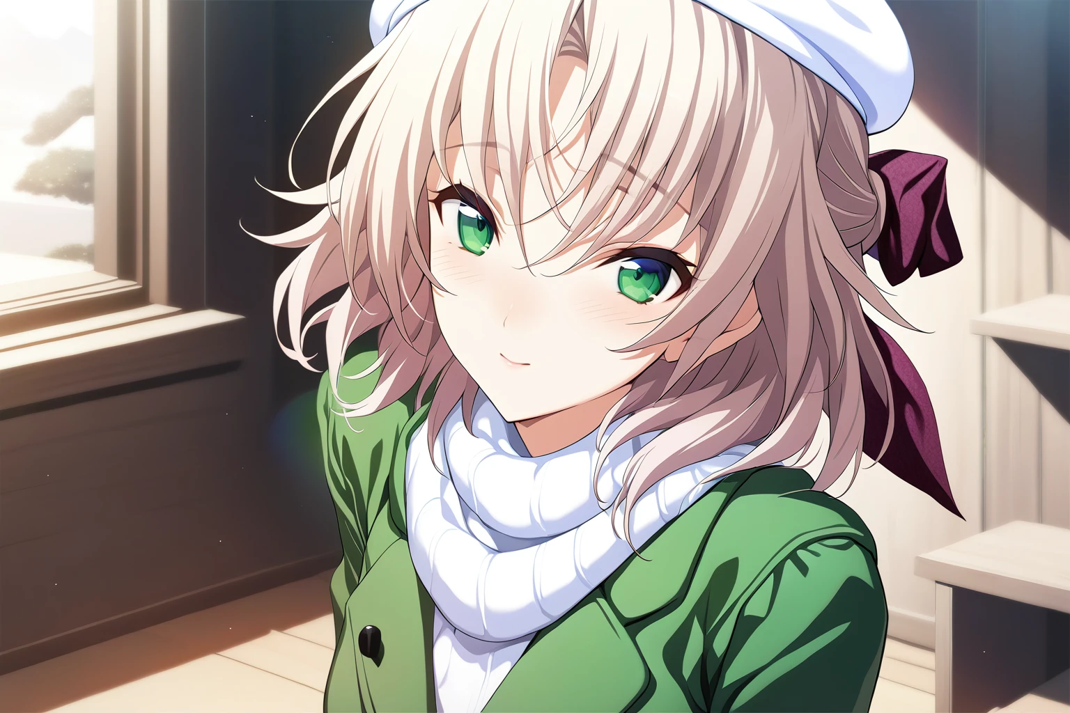 1girl,kagamigawa noelle,green windbreaker,hair bow,white beret,masterpiece,solo,best quality,game cg,(illustration:1.2),(extremely fine and beautiful),(perfect details),(unity CG 8K wallpaper:1.05),(ray tracing),(beautiful and clear background:1.25),(depth of field:0.6). (detailed beautiful eyes:1.2),(beautiful face:1.2),<lora:KagamigawaNoelleXL:1>,