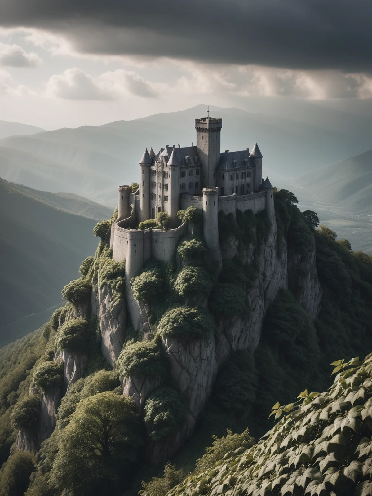 castle made of mad-concrete on a mountain overlooking a valley, ivy,  forest, cloudy sky, sunbeam <lora:Concrete_Style_SDXL:1.0>, masterpiece, best quality, ultra high res, (photorealistic, realistic:1.2), deep shadow, raw photo, film grain, Fujifilm XT3, 8k uhd, dslr