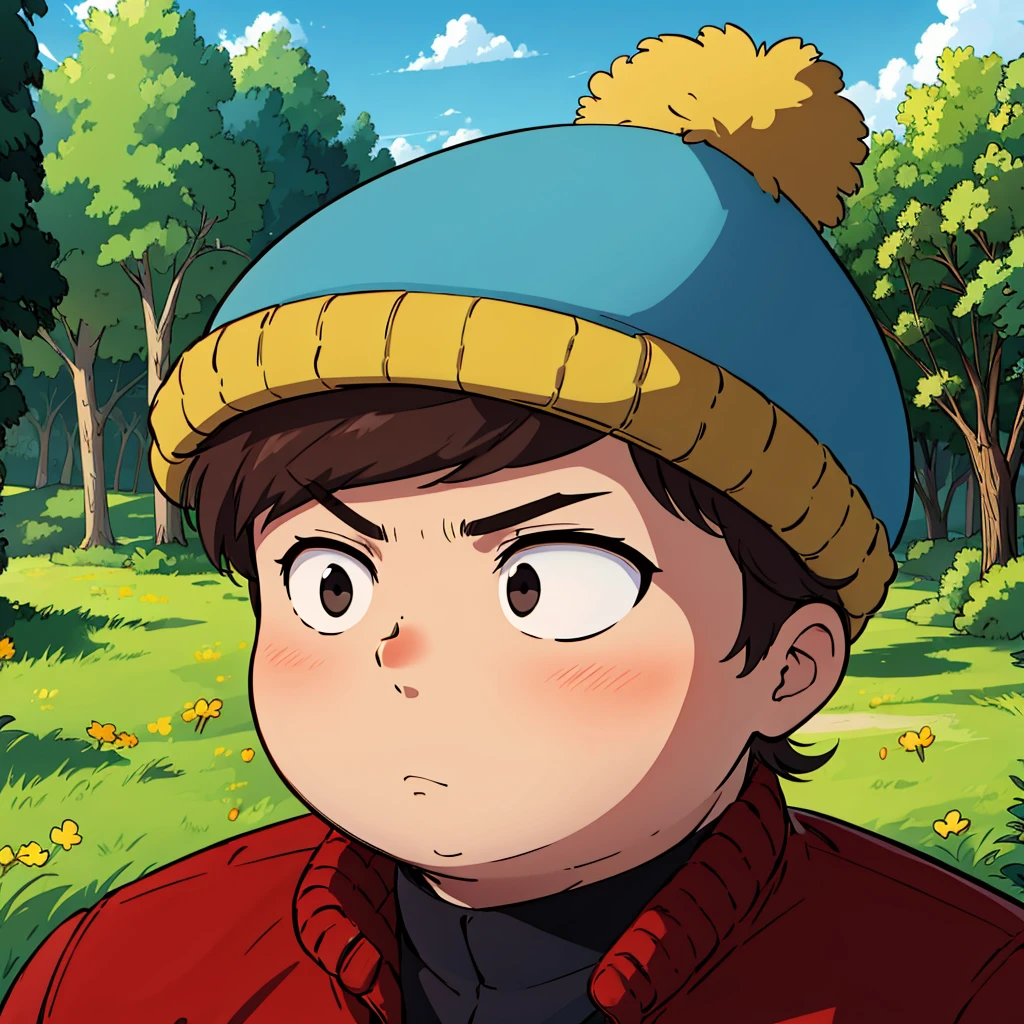 1boy, solo,   Eric Cartman,  short hair,  brown hair, 1boy, hat,  black eyes, red jacket, closed jacket, blue beanie, fat, child,   <lora:Eric_Cartman_Leaf2-any:0.8>, portrait,  forest