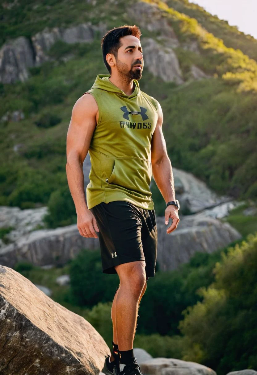 photo of Joe Mantegna a man <lora:ayushman-Joe-Mantegna:1>, wearing a sleeveless well-fitted under armour hoodie and compression shorts, standing on a boulder, outdoor trail, 35mm photograph, film, bokeh, professional, 4k, highly detailed, creek in the background, natural lighting, golden hour