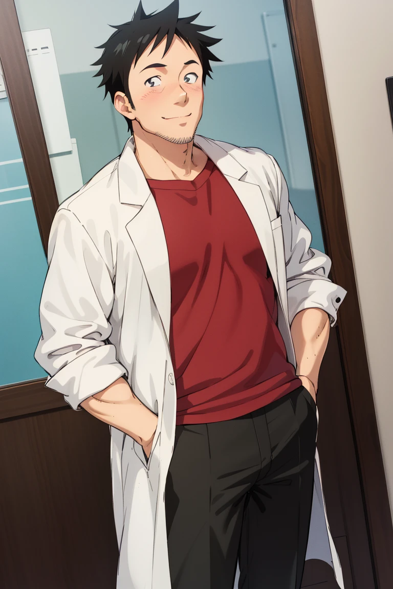 (1 image only), solo male, Tetsuo Takahashi, Demi-chan wa Kataritai, anime, 2d, flat, Asian ,Japanese, biology teacher, tall, black hair, short hair, spiked hair, stubble, black eyes, sideburns, red t-shirt, white labcoat, sleeves rolled up, black pants, black shoes, mature, masculine, handsome, charming, alluring, standing, smile, blush, hands in pockets, upper body, perfect anatomy, perfect proportions, best quality, masterpiece high_resolution, dutch angle, cowboy shot, school lab,Tetsuo Takahashi,1boy,<lora:EMS-305836-EMS:0.800000>