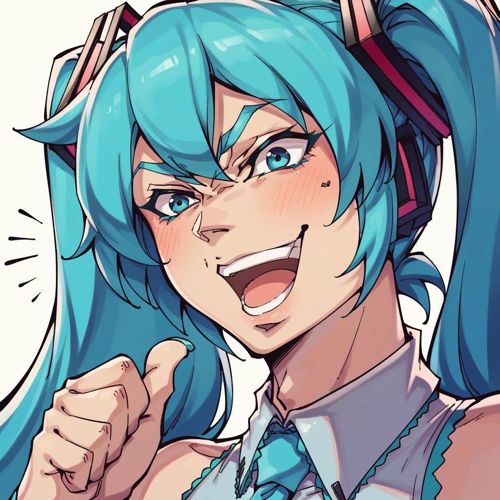 <lora:xl_kono dio da(pony)-000006:1>,dio face,open mouth,smile,thumbs up,hatsune miku,, score_9,_up score_8_up,