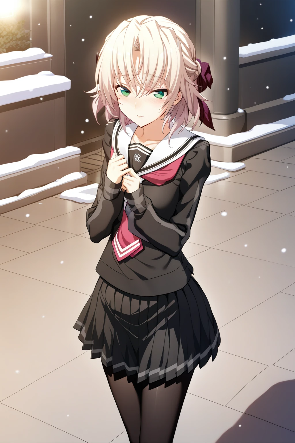 1girl,kagamigawa noelle,school uniform,hair bow,black pantyhose,pleated skirt,gray lines on the sleeves,gray lines on the skirt,red tie is decorated with two white stripes,closed mouth, shiny hair, shiny, outdoors, snowing, night, blush, blurry background, sailor collar, white sailor collar,masterpiece,solo,best quality,game cg,(illustration:1.2),(extremely fine and beautiful),(perfect details),(unity CG 8K wallpaper:1.05),(ray tracing),(beautiful and clear background:1.25),(depth of field:0.6). (detailed beautiful eyes:1.2),(beautiful face:1.2),<lora:KagamigawaNoelleXL:1>,